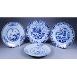 Seven Chinese Blue and White Porcelain Plates, 18th Century, including a pair with two cockerels '