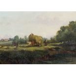 19th Century English School - Oil painting - Hay making scene, indistinctly signed, relined canvas