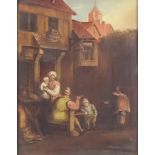19th Century Continental School - Oil painting - Figures in 17th Century dress outside an inn, an