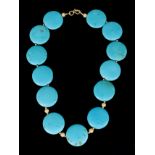 A 9ct Gold and Turquoise Disc Necklace, Modern, by Pleasance Kirk, comprising of turquoise discs,