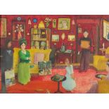 20th Century School - Oil painting - Interior of a drawing room with a young girl admiring a