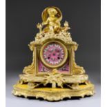 A Late 19th Century French Gilt Brass and Pink Porcelain Mounted Mantel Clock, by Ch. Vigne, No.