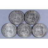 Five George V First World War Half Crowns - 1914, 1915, 1916, 1917 and 1918, mostly VF/fine