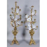 A Pair of Late 19th Century Gilt Brass Seven-Light Candelabras of Naturalistic Form, on flowerhead