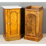 A Victorian Figured Walnut Bedside Cabinet, with white marble slab to top, enclosed by shaped