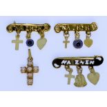 Three 18ct Gold Mizpah Brooches, and a Small Cross, Modern, the brooches each with suspending