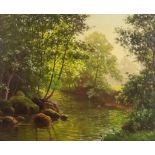 ***René Charles Edmond His (1877-1960) - Oil painting - Meandering stream, signed, canvas 18.5ins