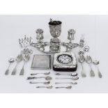 A Victorian Silver Christening Mug, a George V Silver Oval Inkstand, and mixed silverware, the