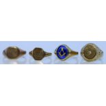 Four 9ct Gold Gentleman's Rings, 20th Century, one set with blue stone showing Masonic symbol,