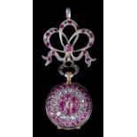 A Lady's Keyless Continental Ruby and Diamond Set Fob Watch or Pendant at Will, 20th Century, the