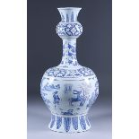 A Dutch Delft Blue and White Garlic-Necked Vase, painted in late Ming style with figures in a