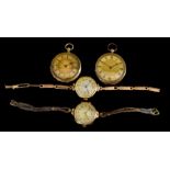 Two Lady's Wristwatches, Early 20th Century, 9ct Gold Cased, and two other gold cased fob watches