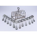 A George V Silver Rectangular Six-Division Toast Rack, a Set of Twelve Edward VII Silver Tea Spoons,