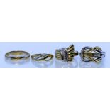 Four 18ct Gold Bi-Metal Lady's Rings, Modern, three set with small white stones, sizes P, S, O and