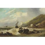 19th Century English School - Oil painting - Fishing boats in a choppy sea below cliffs