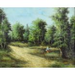 19th Century French School - Pair of oil paintings - Wooded country landscapes with figures,