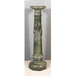 A French Green Marble Pedestal, 19th Century, the column carved with a ribbon tying a bunch of