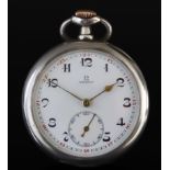 An Omega Pocket Watch, Early 20th Century, the white enamel dial with black Arabic numerals,