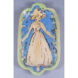 ***Quentin Bell (1910-1996) - Pottery two-handled dish painted with a lady in Edwardian dress,