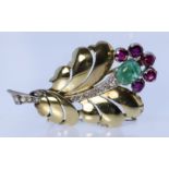An Emerald, Ruby and Diamond Floral Pattern Brooch, Modern, in 9ct gold mount, the centre set with a