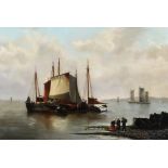 19th Century School - Oil painting - Marine scene with figures on the fore shore, canvas 24ins x