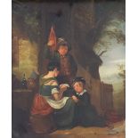 19th Century English School - Oil painting - Three children outside a cottage, the eldest reading