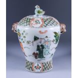 A Chinese Porcelain "Famille Verte" Two-Handled Baluster Shaped Vase and Cover, the cover with