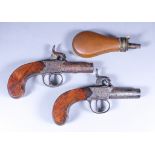 A Pair of 19th Century .50 Calibre Continental Percussion Pocket Pistols, 2ins turn off barrels,