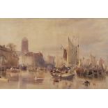Samuel Austin (1796-1834) - Watercolour - "Port with Market Boats", 20.75ins x 31.25ins, framed