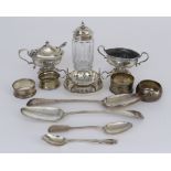 An Edward VII Silver Oval Mustard Pot and Matching Two-Handled Salt, and mixed silverware, the