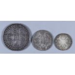 A George II 1743 Half Crown, VF, a George III 1787 Shilling, VF, and George III 1787 Sixpence,