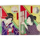 19th Century Japanese School - Pair of woodcuts in colours - Beautiful women, 14.25ins (36.2cm) x
