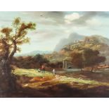 19th Century English School - Oil painting - Romantic landscape with figures to foreground on a