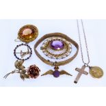 A Mixed Lot of 9ct Gold and Gem Set Jewellery, Modern, comprising - filigree brooch set with faceted