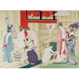 Torii Kiyonaga (1752-1815) - Woodcut in colours - Interior of a bath house (two prints), each 14.
