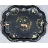 A Late George III Black Papier-Mâché Tray of Shaped Outline, painted with a still life of a wine