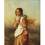 19th Century English School - Oil painting - Young girl carrying a stook of corn, canvas 12ins x