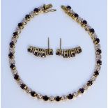 A 14ct Gold Sapphire and Diamond Line Bracelet with Matching Earrings, Modern, the bracelet set with