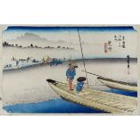 Hiroshige Ando (1797-1858) - Woodcut in colours - Travellers and ferry boats on the bank of the