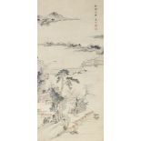 Chinese School - Scroll Painting - Watercolour - Watery landscape with trees and pavilions, with