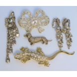 A Mixed Lot of Diamante Set Costume Jewellery, Modern, comprising - bow brooch, lizard, Dachshund