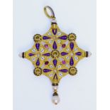 A Fine Gold Coloured Metal, Enamel and Jewel Set Cross Pattern Pendant, Late Victorian, by Carlo