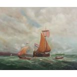 19th Century Dutch School - Oil painting - A masted Dutch sailing vessel with rowing boats,