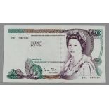 An Elizabeth II Misprinted Twenty Pound Note, Serial No. 24R 598931, the background St. George and