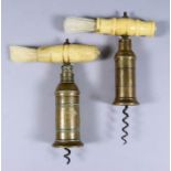 Two Thomason's Patent Double Action Corkscrews, 19th Century, both with cylindrical bronze barrels
