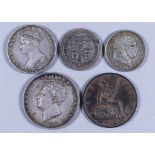 A Victoria 1849 "Godless" Florin, fine/good fine, two George III 1816 and 1820 Shillings, one fair/