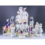 Nine Staffordshire Pottery Figures, 19th Century, including - pair of Highland dancers, 8ins high,