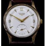 A Longines Wristwatch, 20th Century, 9ct Gold Cased, Serial No. 208723, the cream dial with Arabic