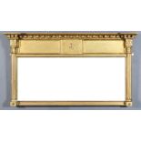 A Small 19th Century Gilt Overmantel Mirror, the overhanging cornice with ball ornament, reeded half