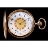 A Continental 14k Gold Full Hunting Cased Keyless Pocket Watch, the white enamel dial with Arabic